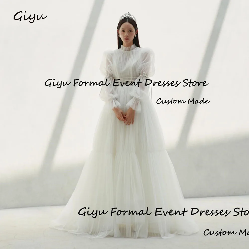 

Giyu Fairy A-line Korea Wedding Dress Photo Shoot High Neck Draped Vestidos De Novias 2024 Full Sleeve Bridal Gown