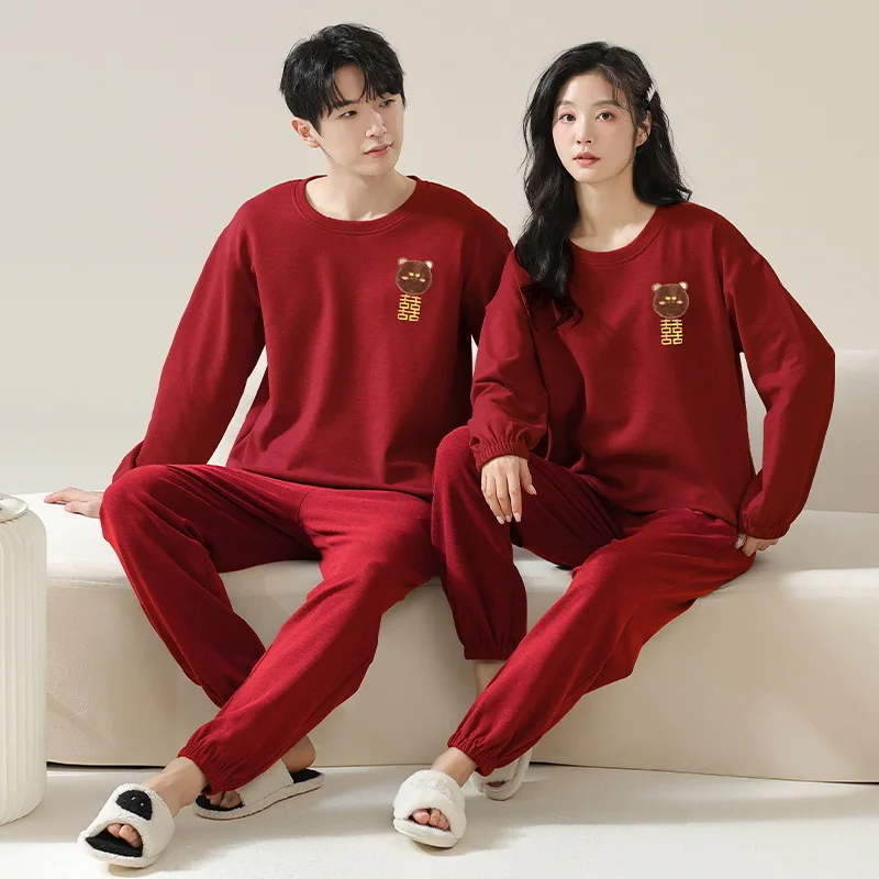 Korean Red Men Pijamas Set Women Pajamas Set Autumn Warm Sleepwear Casual Loungewear hombre Mujer Home Clothing Pyjamas Suit