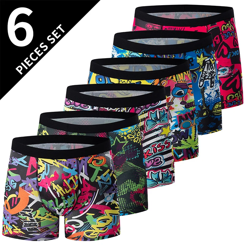 6-Pack men\'s fashion print sports long boxer briefs comfortable and breathable stretch shorts plus size beach underwear for teen