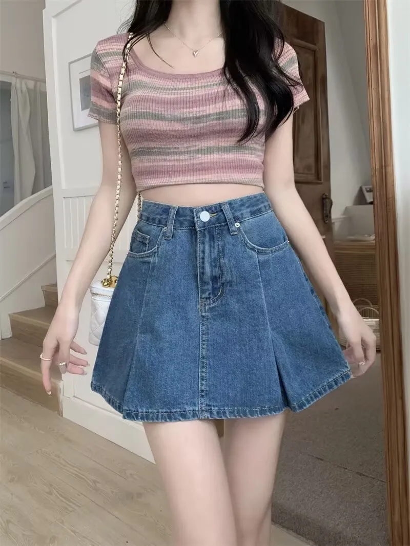 

Summer Women's Pleated Denim Skirt A-Line Hip Covering Casual Slimming High Waist f Body Skirt Pants plus Size