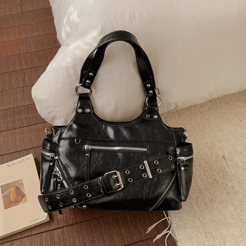 Vintage Brown Oil Wax PU Women Handbag Punk Rivet Belt Buckle Design Large Motorcycle Shoulder Crossbody Bag