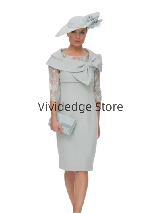 Customized Elegant Light Blue Dress with Bow Mother of the Bride Gowns Half Sleeve Wedding Dresses robes invitée mariage