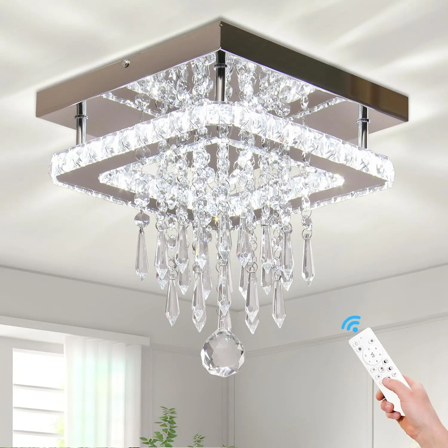 Square Crystal Ceiling Light Modern Crystal Chandeliers with Remote Control LED Flush Mount Ceiling Light Fixtures for Dining Room Bedroom Living Room HallwayDimmable