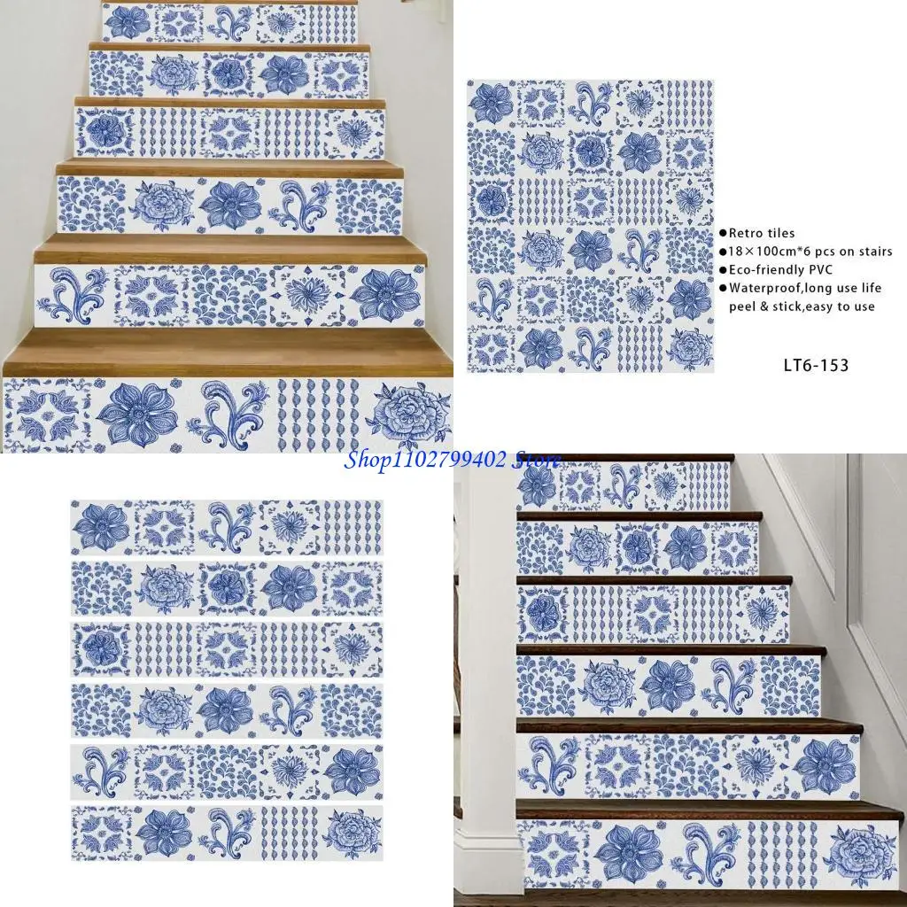 547F 6Pcs Blumen Fliesen Boden Treppe Aufkleber PVC Wasserdichte Wandtattoo Kunst Tapete