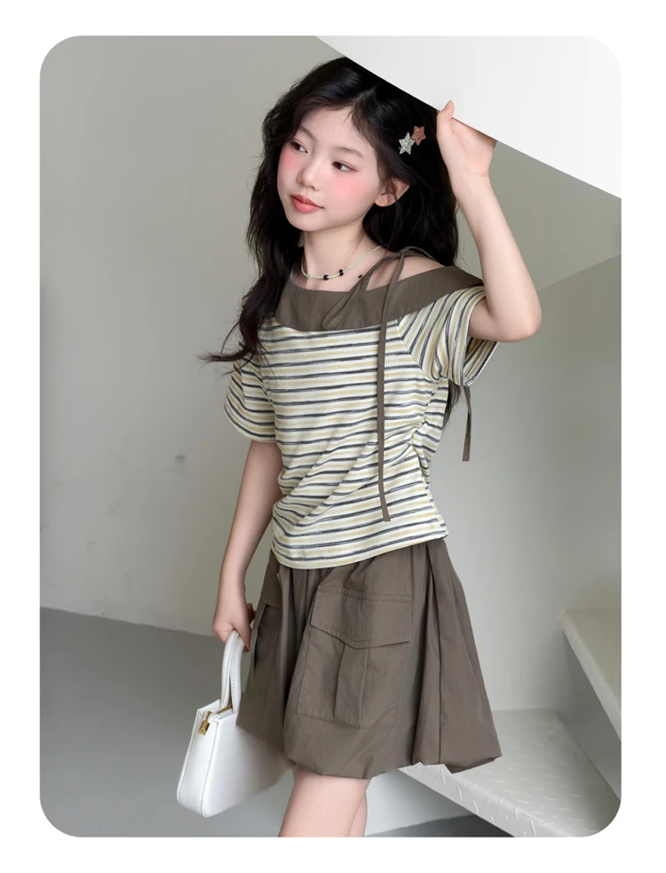 Sommer-Outfits für Teenager-Mädchen: Modisches Schulterfreies Gestreiftes Oberteil + Bloomer-Shorts, Kinderkleidung, Zweiteilige Sets, 6 8 10 12 14 Jahre – Detail 10