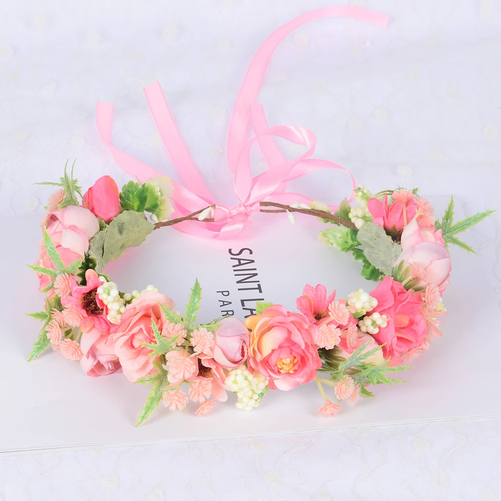 Heißer Verkauf Frühling Böhmische Blume Krone frauen Strand Hawaii Blumen Girlande Romantische Faux Rose Hochzeit Kränze Stirnband Blumen – Detail 13