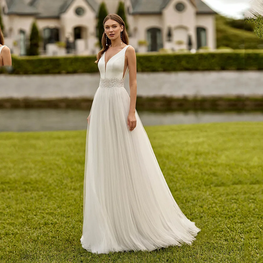 

Ivory Tulle Wedding Dress For Women V Neck A Line Wedding Gowns Long Floor Length Backless Simple Bridal Dress2025