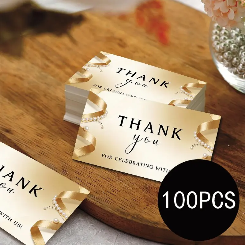 100pcs Wedding Thank-you Card Set, Wedding and Anniversary Gift Thank-you Cards Decorated with Pearls and Gold Ribbons