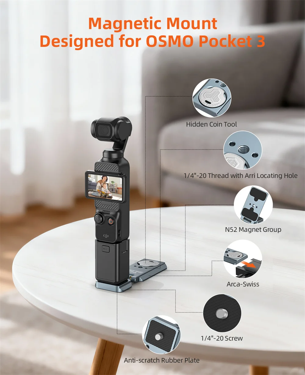 

CAMOLO Pocket 3, рамка-подставка с магнитным креплением для DJI OSMO Pocket 3, аксессуар с 1/4 ''-20 и Arca-Swiss для автомобильных капотов Vlog Video