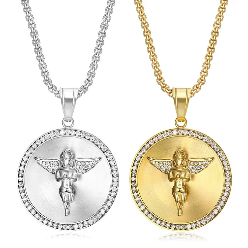 Anztilam Angel No Fade 316L Stainless Steel Iced Out Pendant with Long Link NK Chain Necklaces for Women Men Hip Hop Jewelry view 4