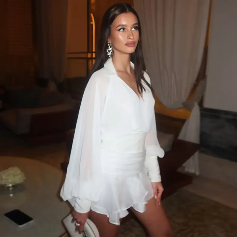 

White Women's Autumn 2 Piece Outfit Turn Down Collar Backless Lantern Sleeves Female's Blouse Short A-line Skirt For Lady