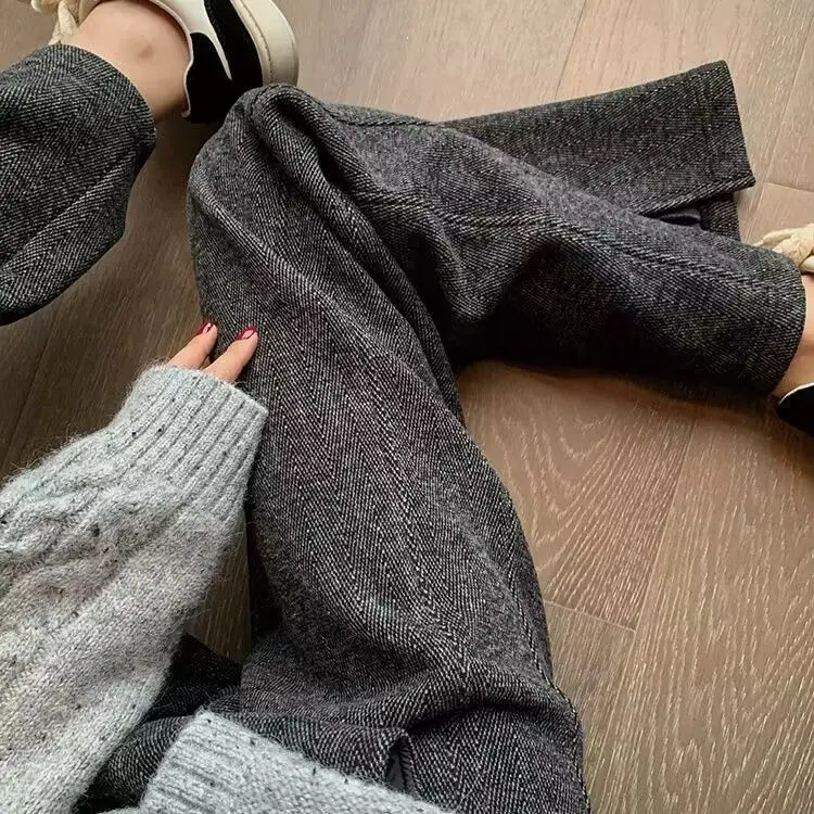 Autumn and Winter Wool High Waist Slimming Herringbone Woolen Narrow Wide Leg Pants Women's High-Grade Texture Split Trousers