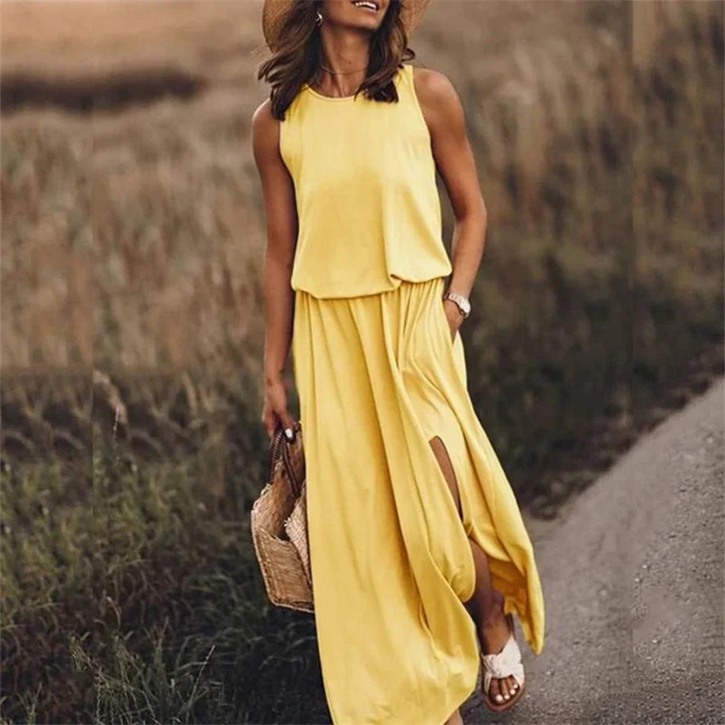 Women Split Hem Double Pockets Dresses Solid Color Sleeveless O Neck Pullover Dress Gown Daily Comfortable Commuter Casual Frock