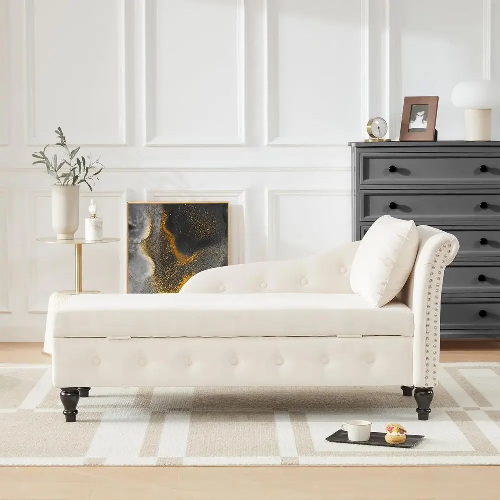 

Indoor Storage Chaise Lounge with Upholstery, Pillow, and Nail-Trimmed Detail, Beige, Right Armrest