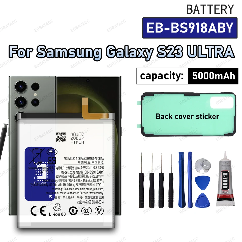 Batería nueva 100% de alta calidad EB-BS918ABY de 5000mAh para Samsung Galaxy S23 Ultra 5G S918, reemplazo, incluye herramientas gratis