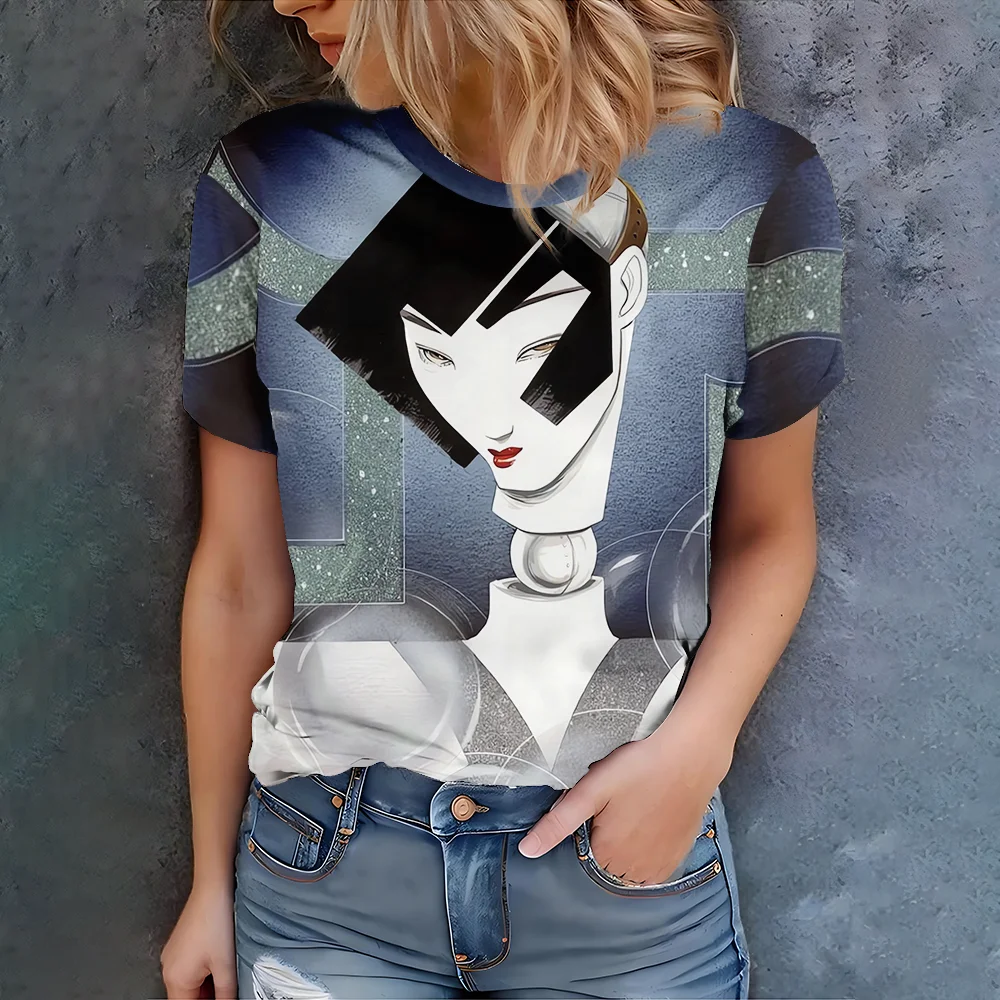 

Женская черно-белая футболка с принтом робота - геометрический стиль будущего, научной фантастики, повседневный летний дизайн, круглый вырез, короткий рукав