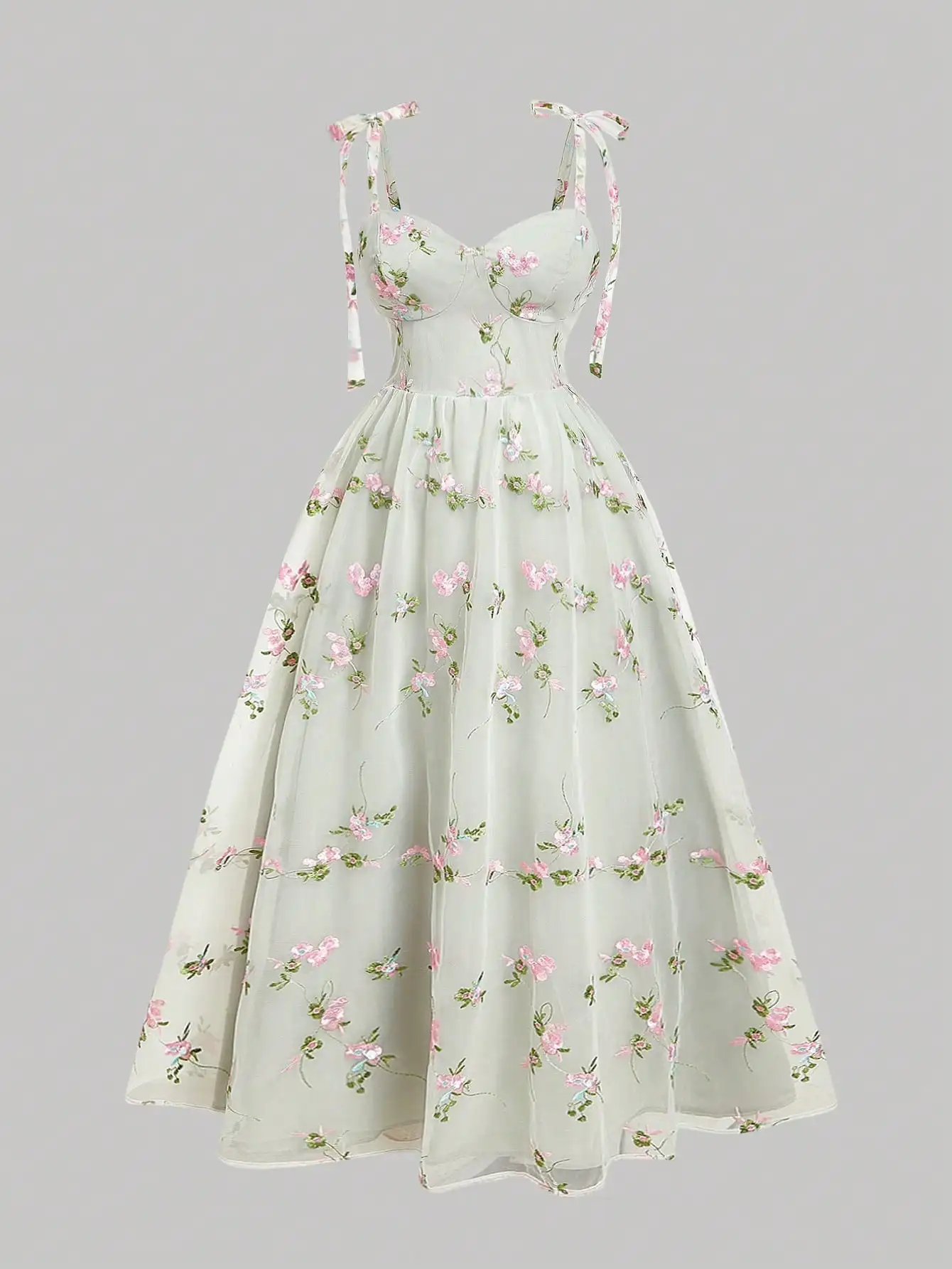 

Mint Green Floral Embroidered Mesh A-Line Sundress with Tie Straps