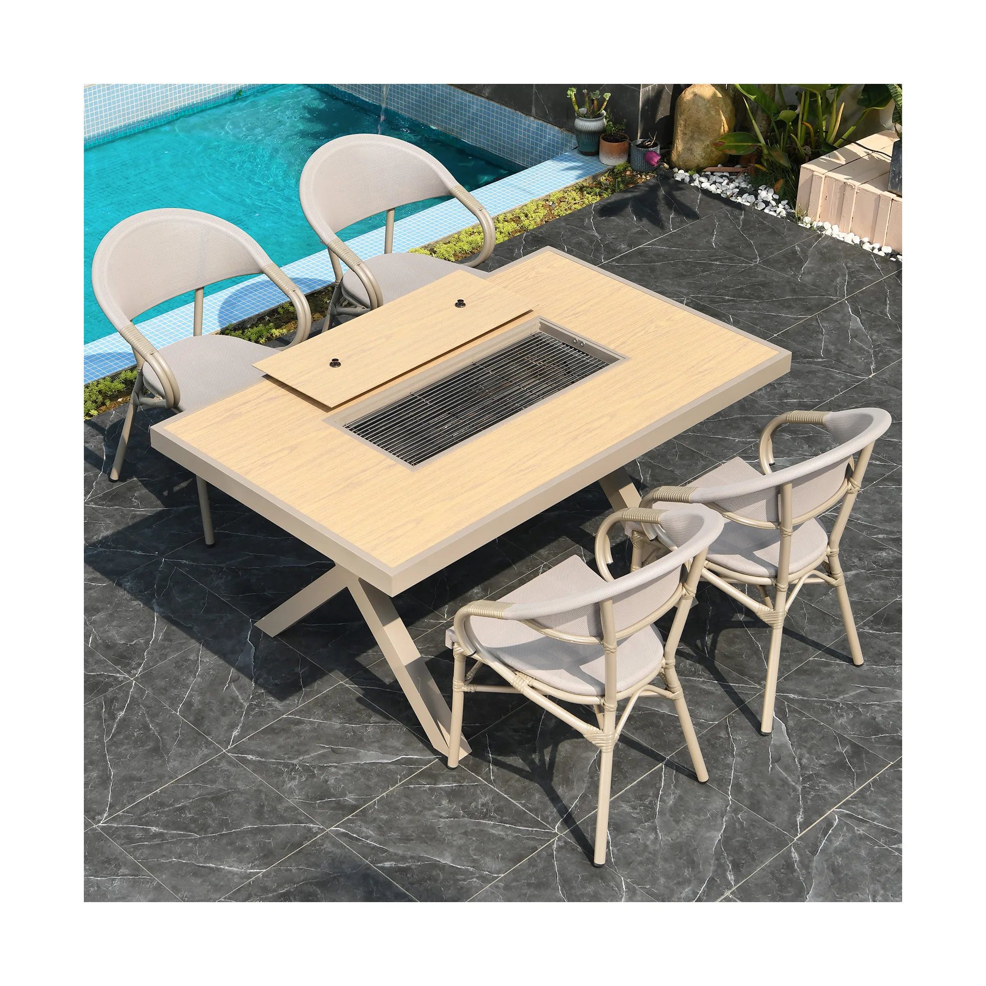 Factory Direct  Charcoal Barbecue  Table Textilen Dining Chair  Patio Furniture Set