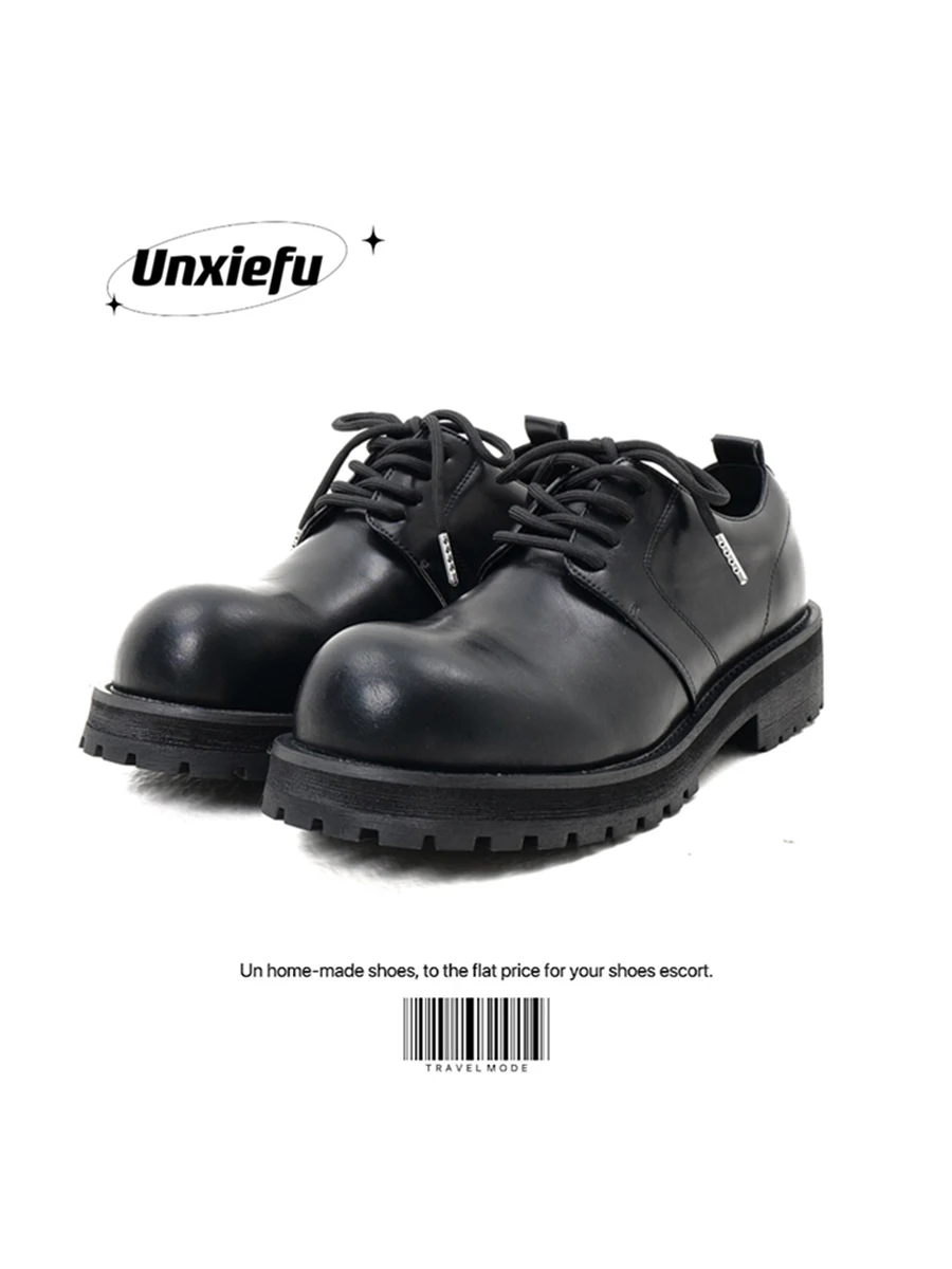 Black Top Layer Horsehide Double Stitched Washed Thick Bottom Dog Tooth round Toe Men's Fashionable Casual Leather Shoes