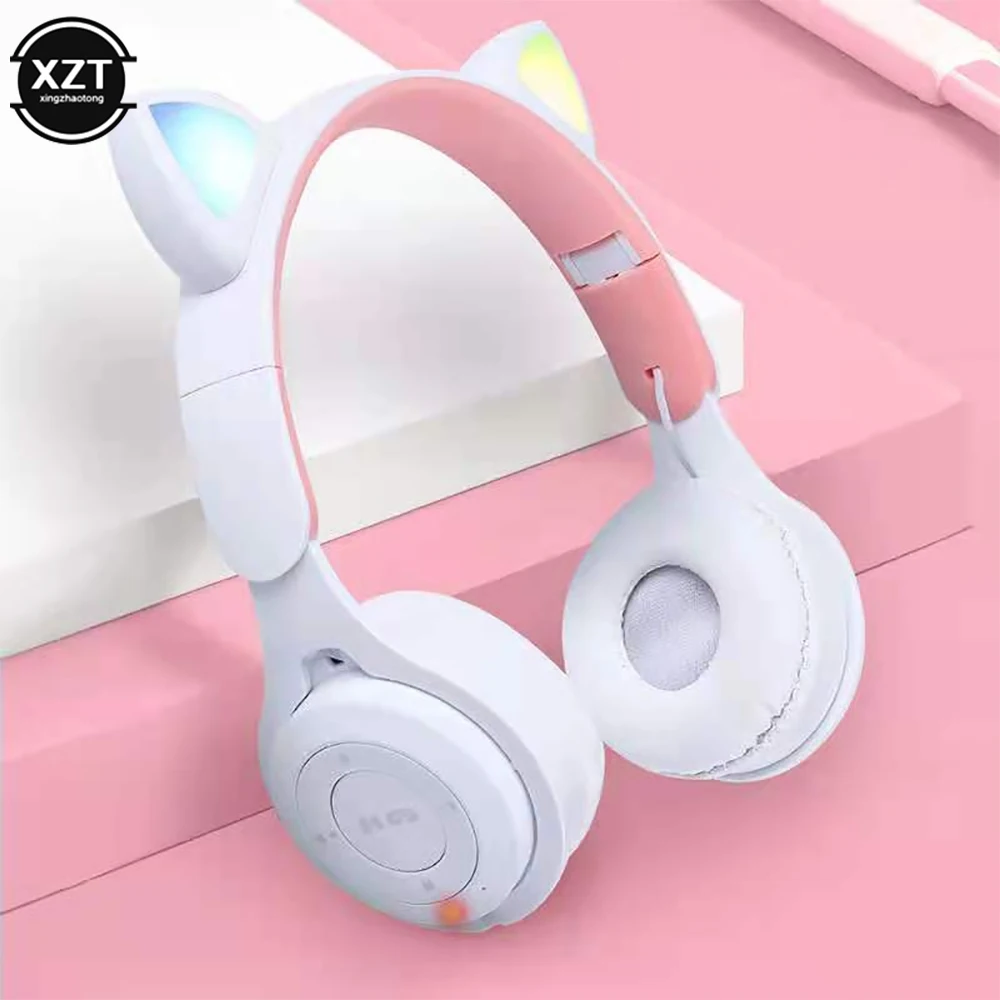 Foldable Luminous Headphones Wireless Bluetooth 5.0 Cute Cat Ear Headset with Mic Stereo Music Sport Earphone Support TF Card