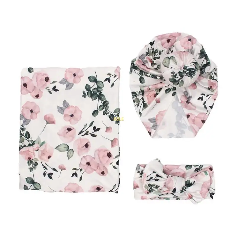 3 قطع من المولود حديث الولادة طباعة الأزهار المطبوعة غلاف عكسي قبعة قبعة القبع