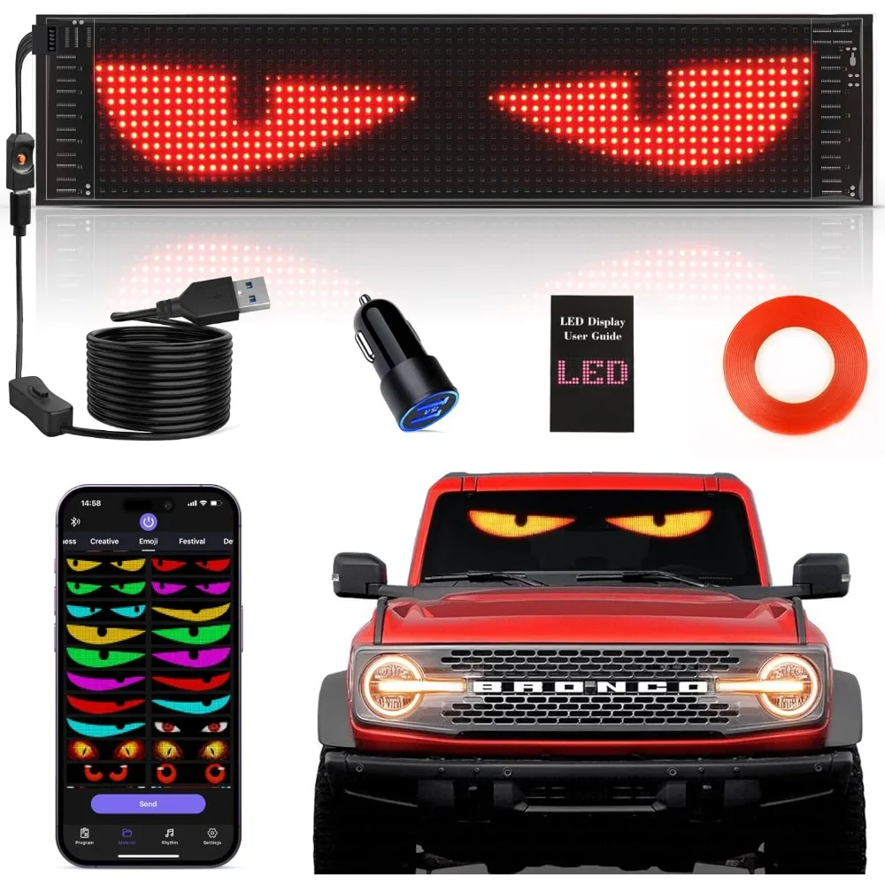 

upgrade synchronize multiple devil eyes light, 15''x4'' full color big eye flex signs for windshield, programmable led display