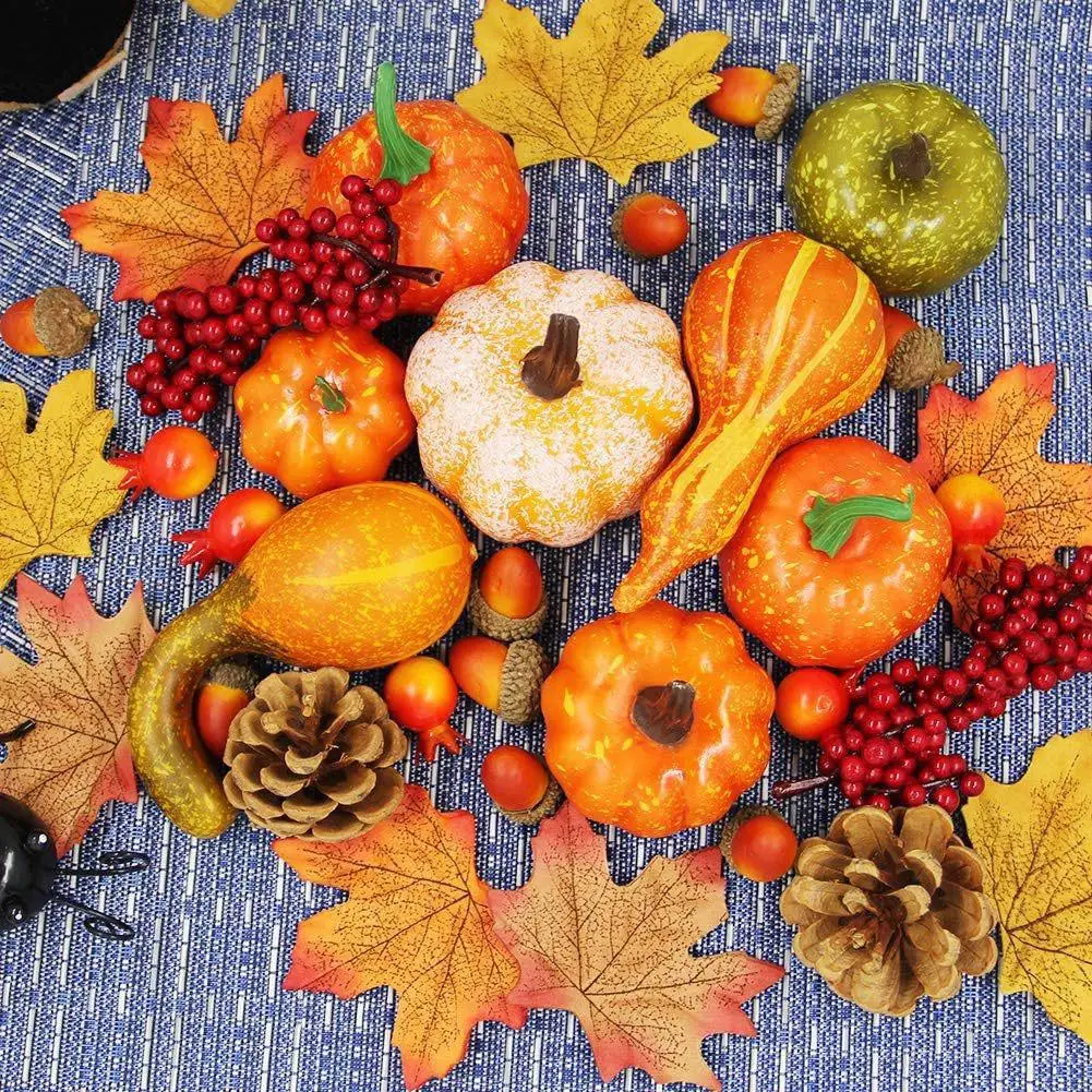 Autumn Harvest Decoration Set 50pcs with for mini Pumpkins Leaves & Pine Cone for Seasonal Table and Fireplace Setup
