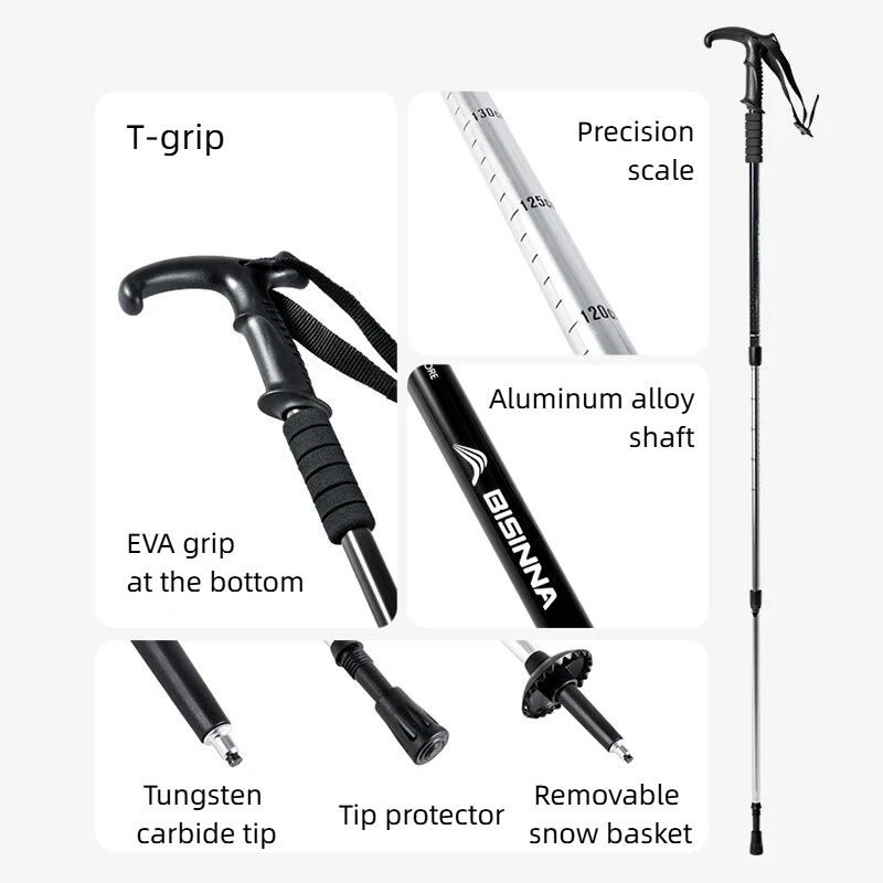 BISINNA 2PCS T Handle Walking Sticks Aluminum Alloy 3-Section Telescopic for Light Trekking Strolling and Travel