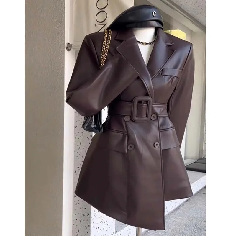 Coffee Color Blazer Retro Beautiful PU Leather Jacket Ins Women's Autumn New High-End Feeling Waist Cinching Suit Jacket Trendy