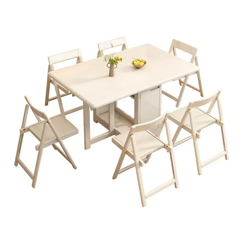 

White all-solid wood folding dining table Small apartment household dining table integrated foldable and retractable