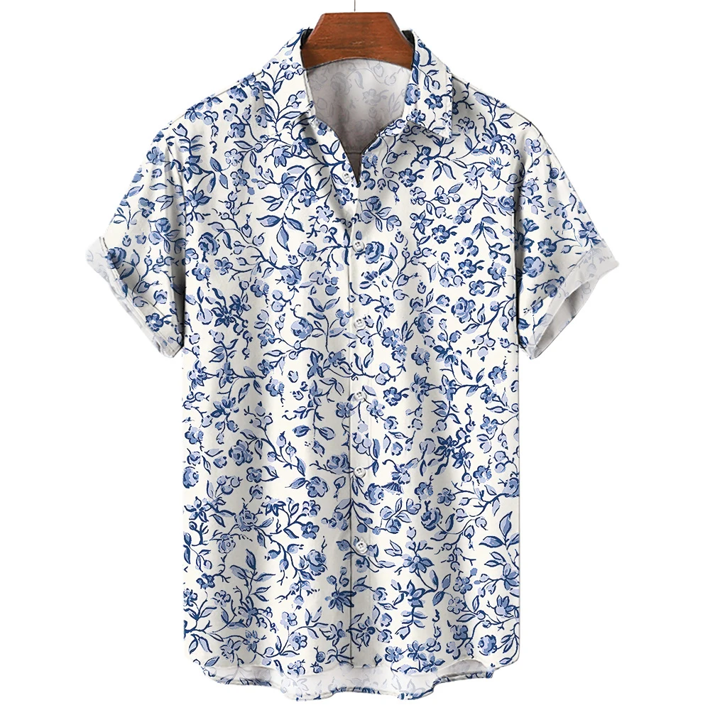 Camisa estampada em 3D com planta tropical masculina, tops casuais, mangas curtas florais, streetwear de botão de lapela, roupas masculinas