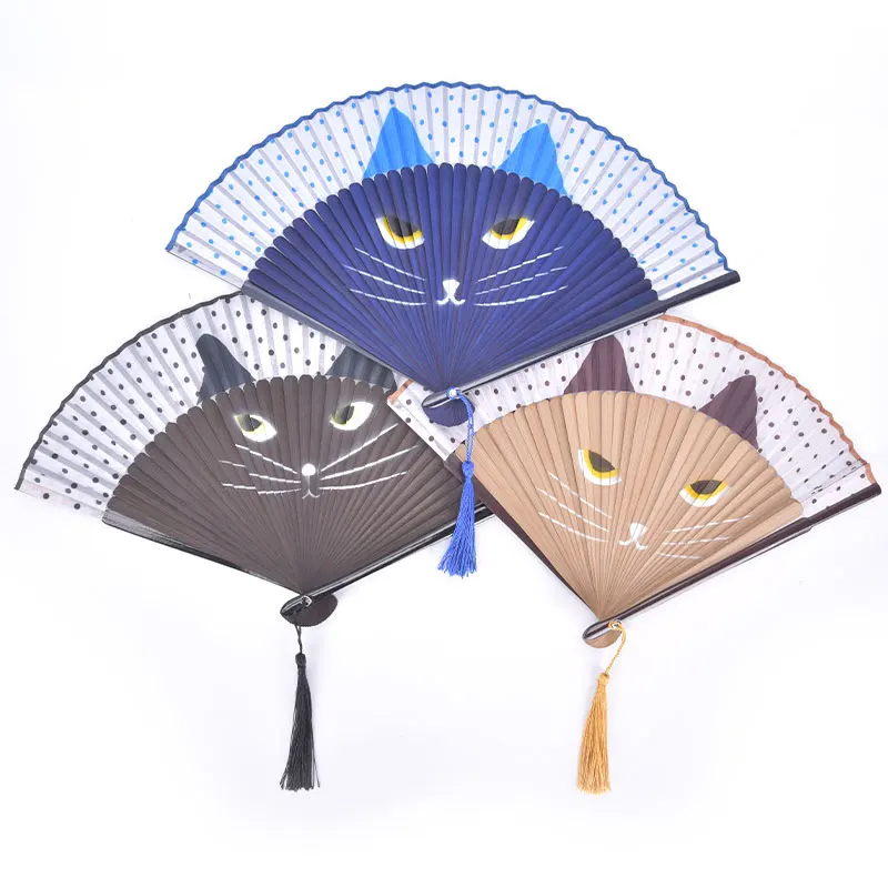 1PC Cat Cartoon Silk Fashionable Japan Style Hand Fans Popular Handheld Folding Fans New Spray-painted Cat Head Japanese Wind