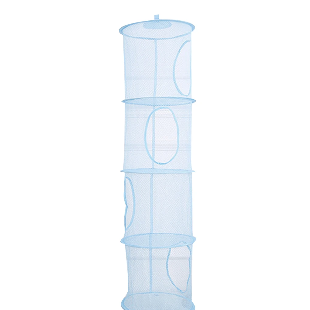 Hanging Mesh Bags Organizer 4 Compartments Multi-layer Folding Laundry Kids Toy Bra Drying Clothes Net Basket Blue