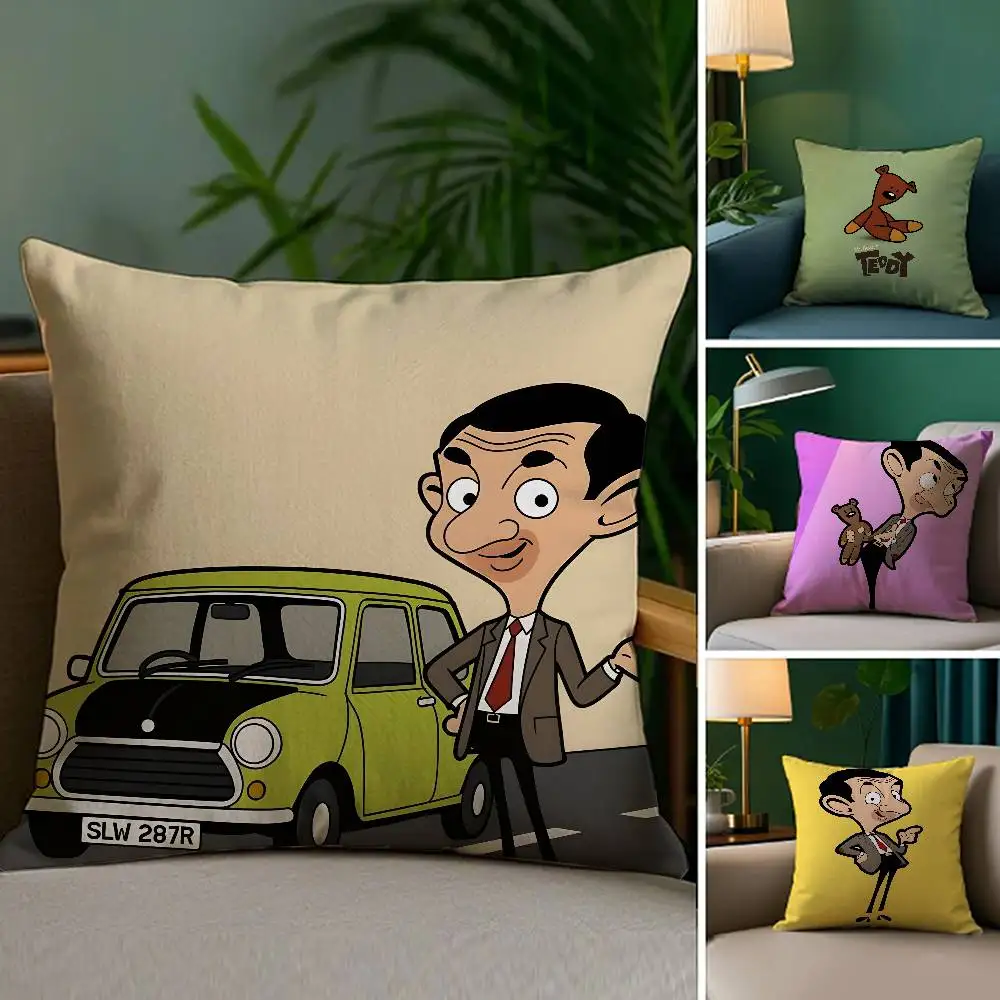 

M-Mr. BeanS Cartoon Pillow Case Soft Plush Fabric Double Sided Print Decorative Home Living Room Gift Cushion