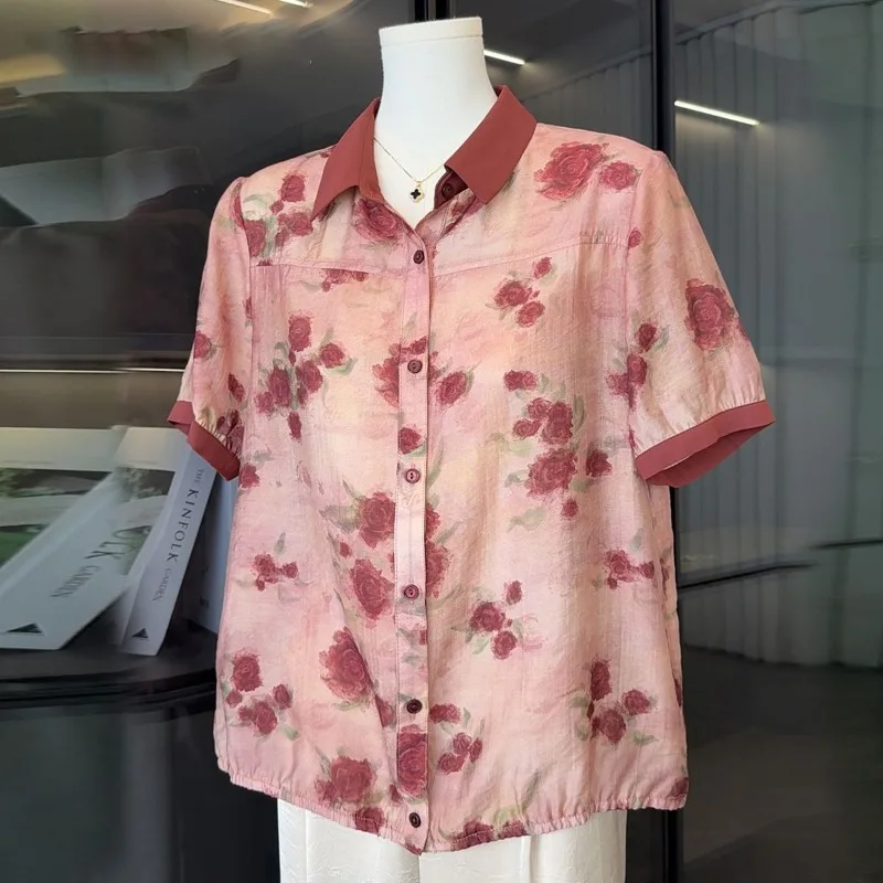

Women's Pink Rose Print Short Sleeve Shirt Contrast Collar Loose Fit Retro Romantic Casual Daily Office Summer Blouse