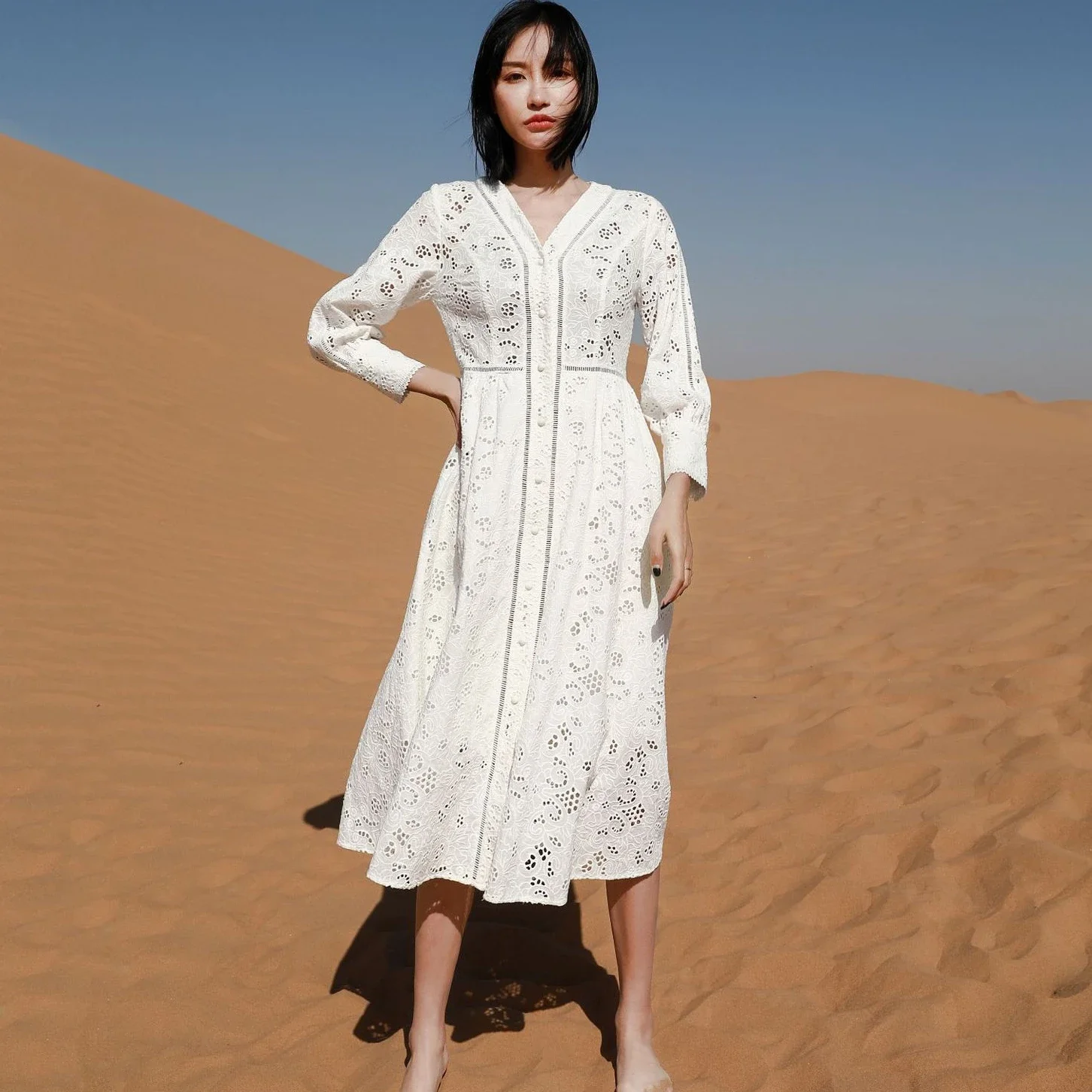 

GypsyLady Floral Crochet Fairy Midi Dress White Cotton Elagant Chic Tiered Women Dress Hollow Out Summer Ladies Woman Dress 2022