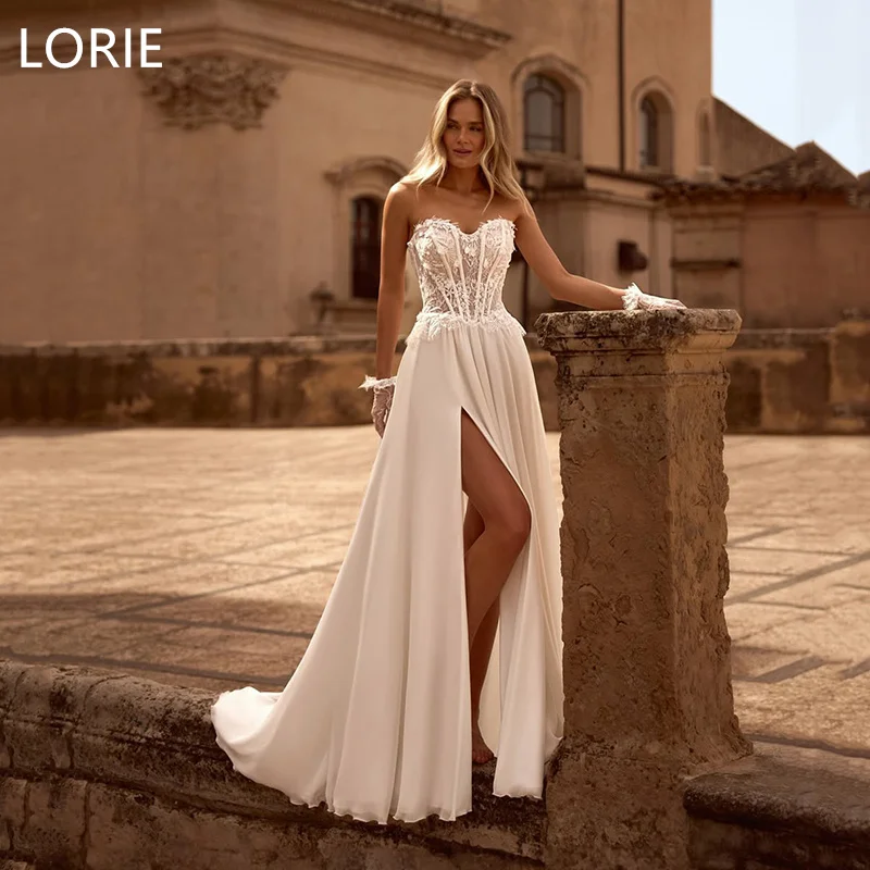 

LORIE Satin Lace Applique A-line فساتين سهرة Side Split Wedding Dress Bridal Gowns Backless Wedding Gown Cus