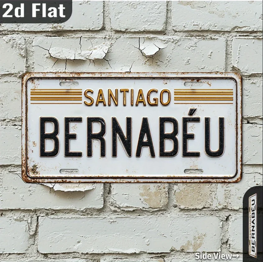 2D شقة، 1 قطعة سانتياغو برنابيو خمر لوحة ترخيص الألومنيوم جدار الفن - 30.23 سم × 15.24 سم علامة معدنية الرجعية للمرآب، الجبهة