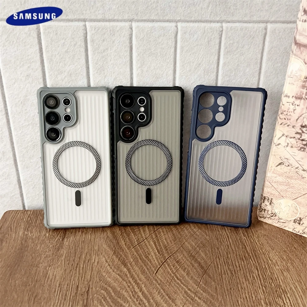 حافظة مغناطيسية شفافة غير لامعة لهاتف سامسونج جالاكسي S25 S24 S23 S22 Ultra Plus حماية لعدسة Magsafe للشحن اللاسلكي غطاء عمودي