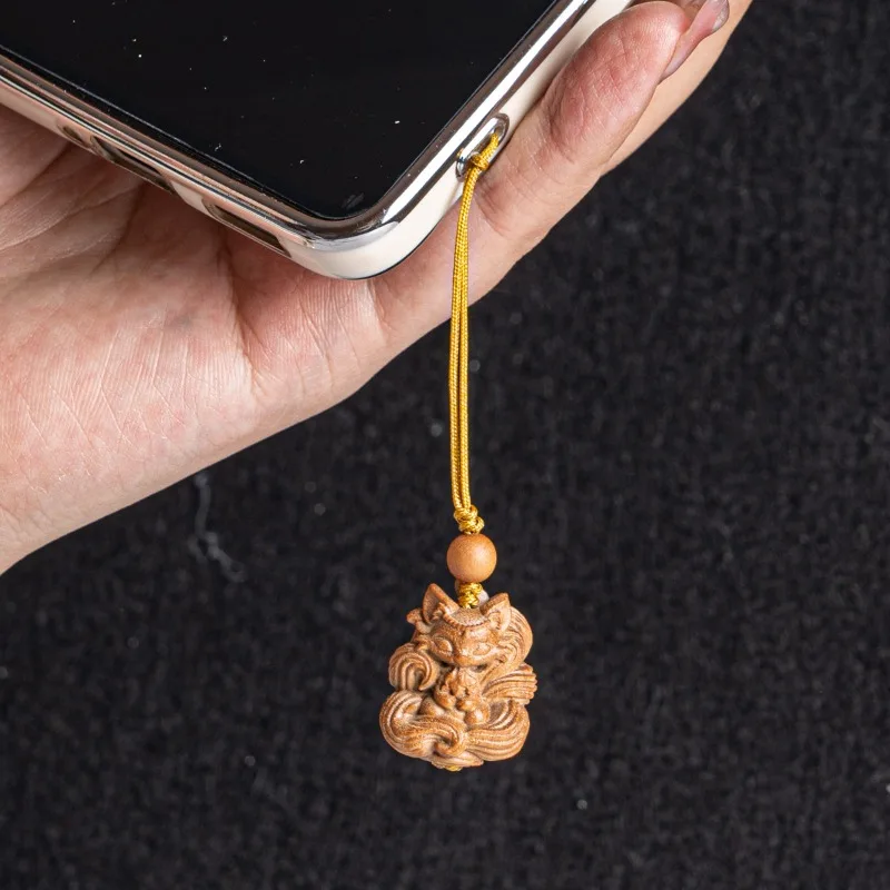 Indian Old Mountain Sandalwood Palms Joined Zaki Lhamo Phoenix Nine Wood Carved Pendant for Bracelet DIY Phone Charm Accessory