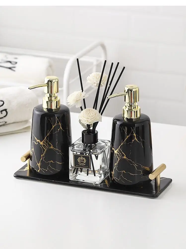 Nordic Bathroom Supplies Golden Marble Pattern Ceramic Lotion Bottle Tray Aromatherapy Decoration Accessories