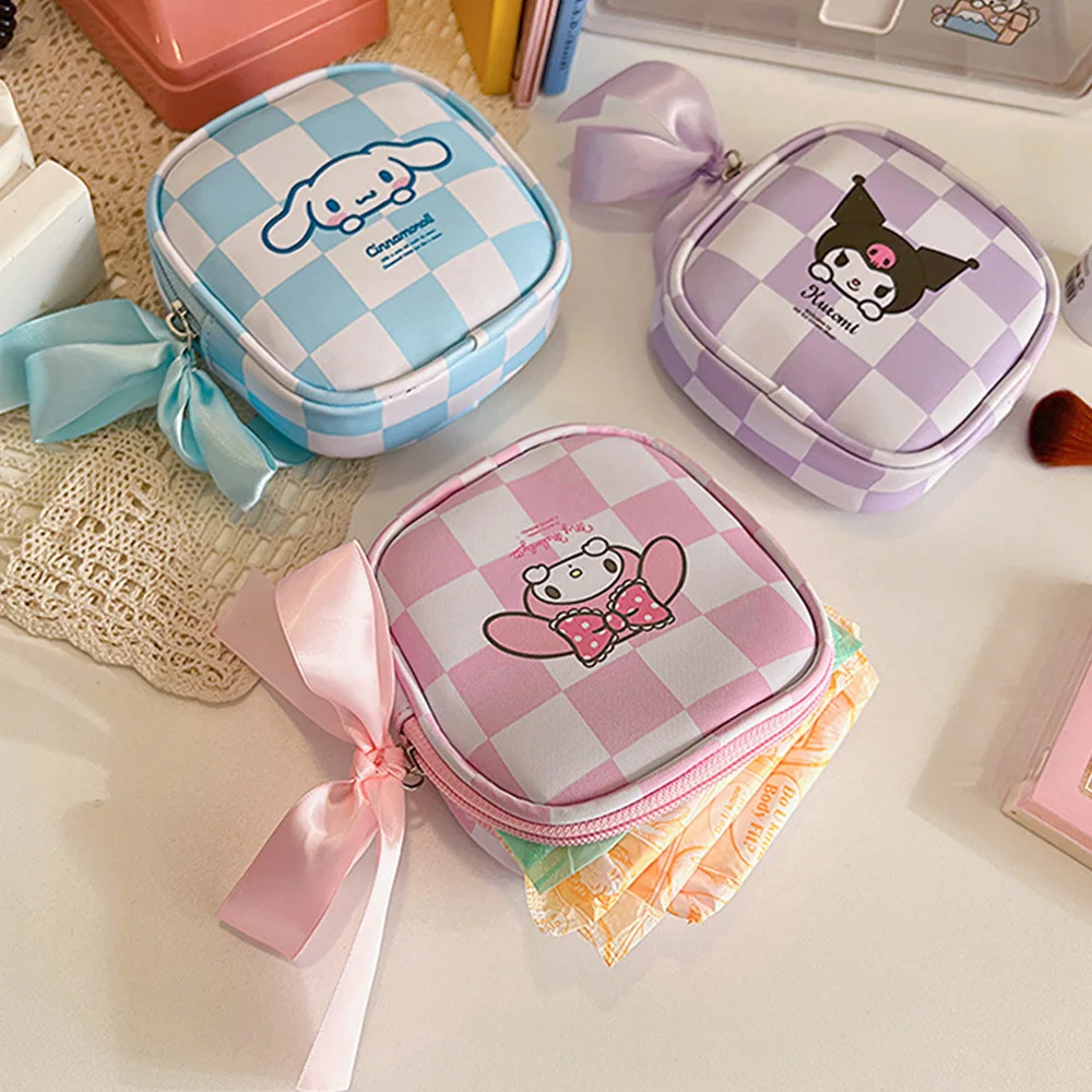 Sanrio Tampon Storage Bags Portable Waterproof Sanitary Pad Pouch Women's Anime Makeup Bags Cinnamorol Kuromi Cosmetic Organizer