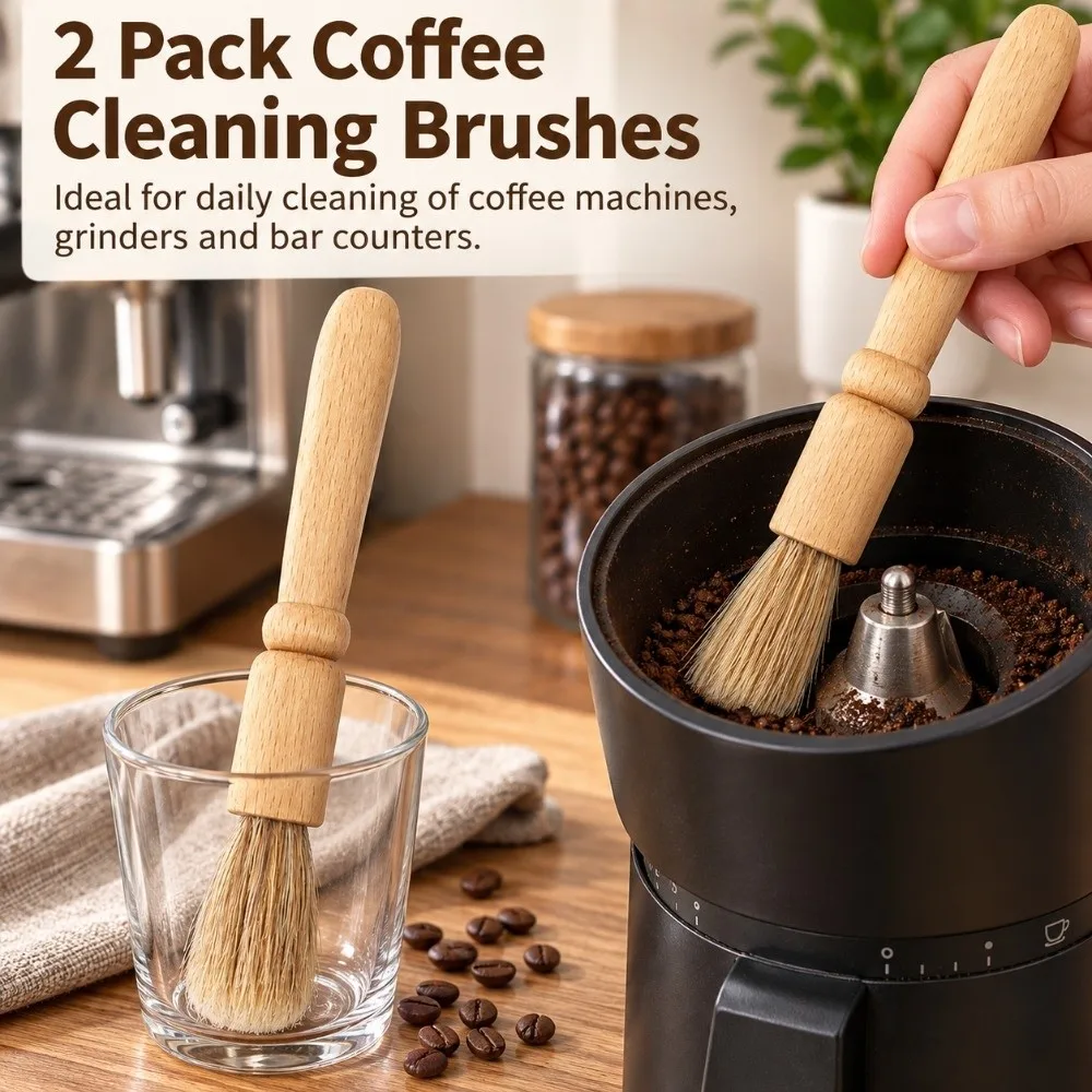 2PCS Wooden Handle Coffee Grinder Brush Long Handle Bar Counter Use Cleaning Brush Powder Cleaning Brush Grinder Cleaning