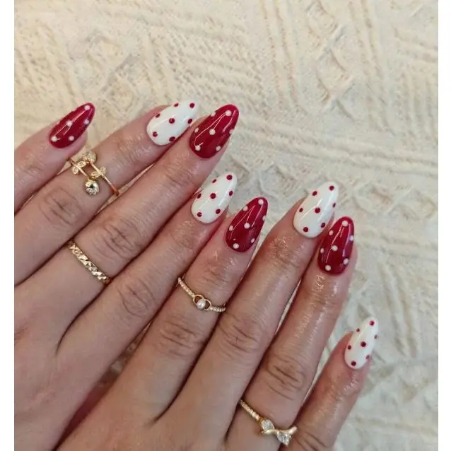 10 قطع من الأظافر المصنوعة يدويًا من اللوز الأحمر، أظافر عيد الميلاد، أظافر منقطة، لطيفة، مستلزمات الأظافر، مناسبة لملابس الحفلات النسائية #3