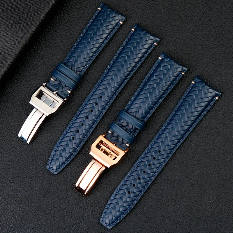 Woven Genuine Leather Blue Black Watchband For IWC IW344205 Portuguese Chronograph Pilot Portofino Folding Buckle Straps 22mm