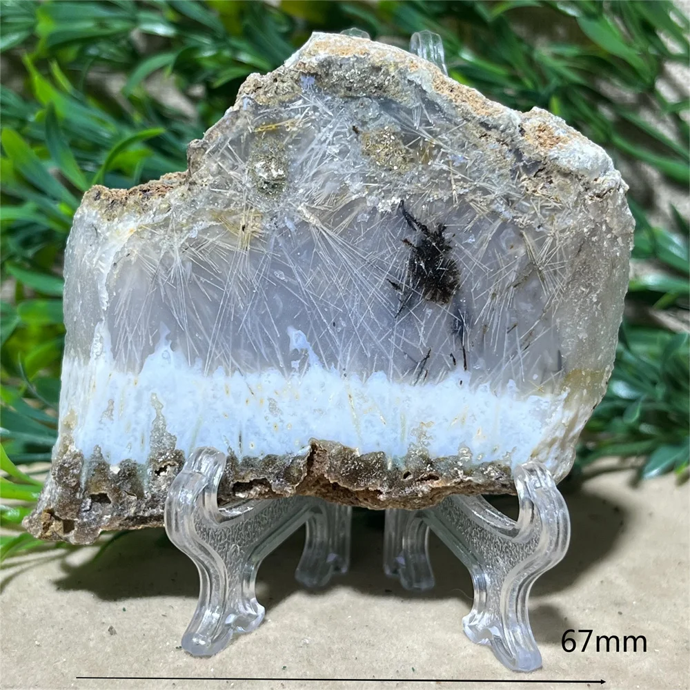 Crystal Natrural Agate Rutile Slab Slice Stone Reiki High Quality Beauty Healing Quartz Minerals Home Decoration + Stand