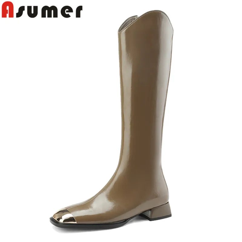 

ASUMER 2024 New Size 34-40 Genuine Leather Zipper Winter Boots Woman Ladies Knee High Boots Thick Med Heels Shoes