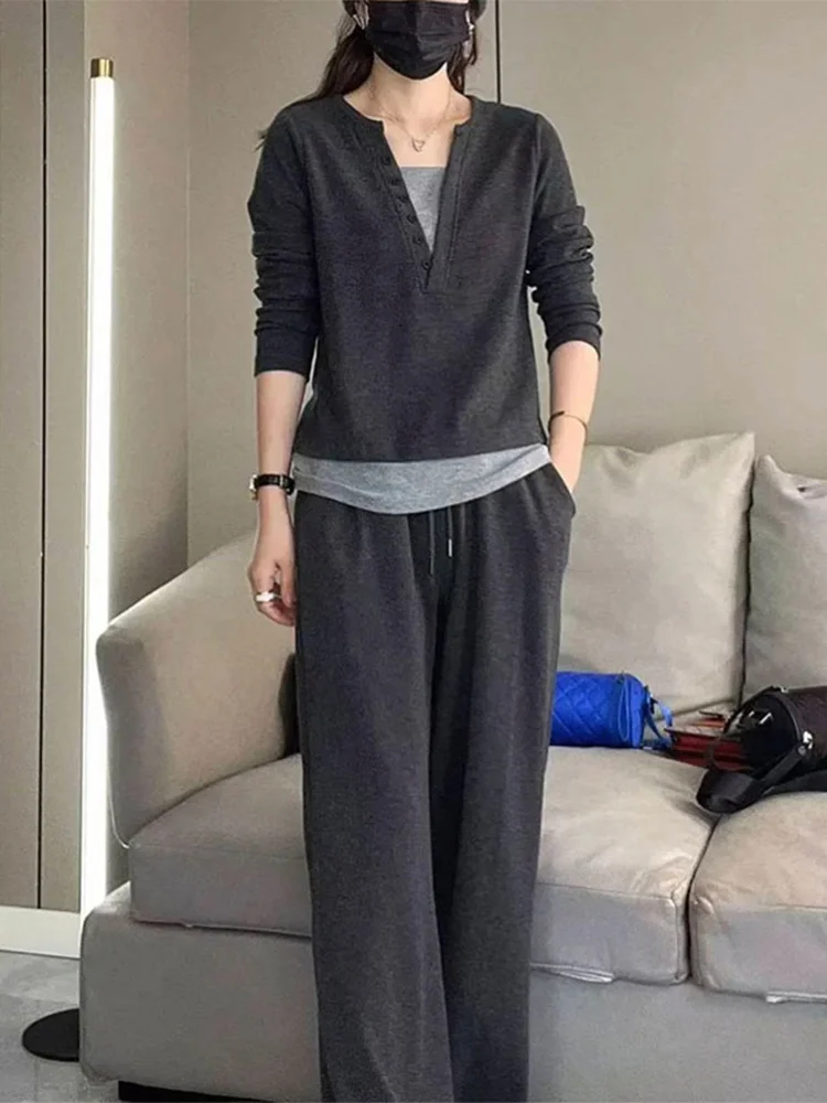 Ladies V-Neck Casual Loose Straight Leg Pants Two-Piece Set Autumn 2024 Fashion Slimming Effect Korean Style Ensemble