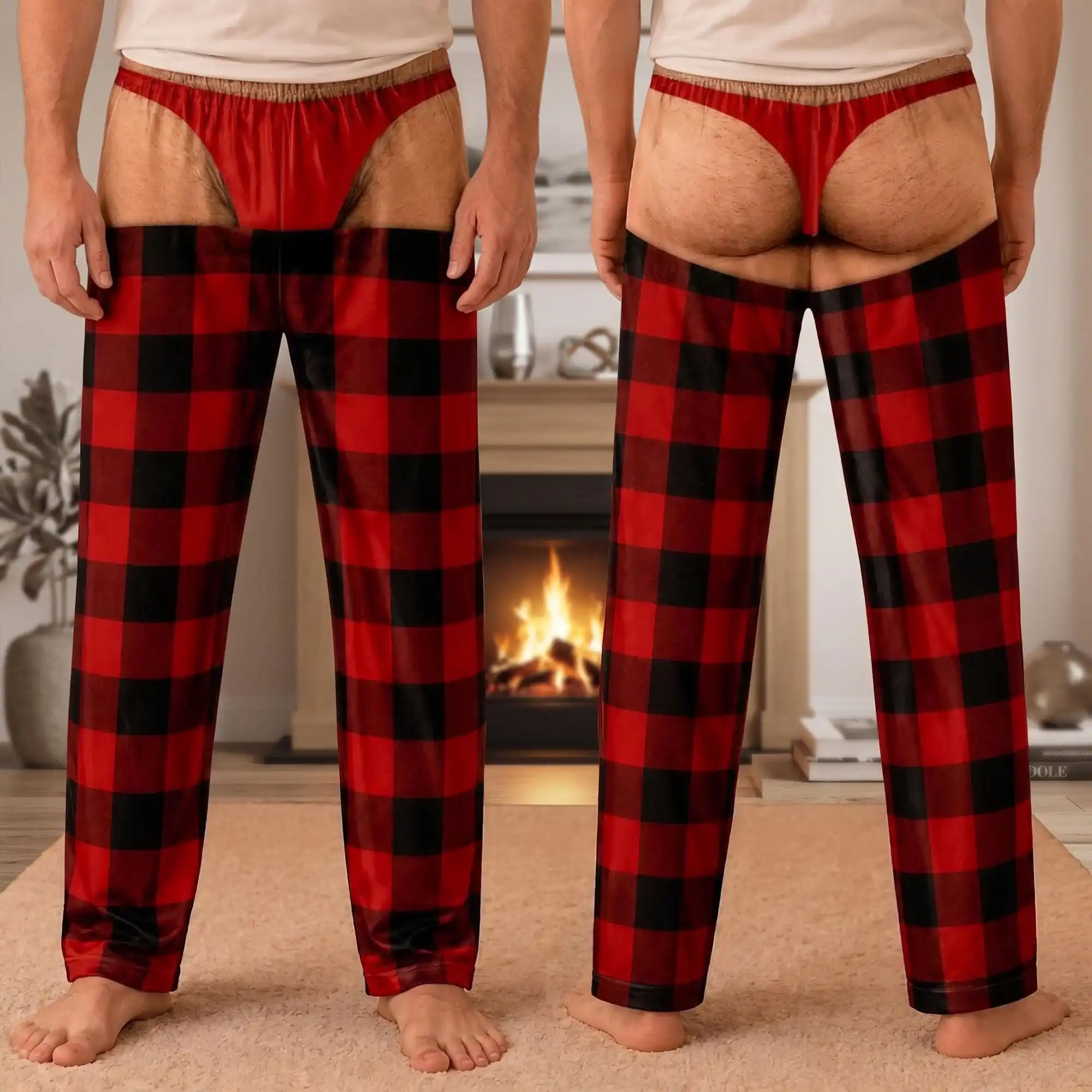 Men Women Christmas Pajama Pants, Personalized Red Plaid Pajama Bottoms, Gag Gift for Him Christmas Pants, Holiday Party Outfit