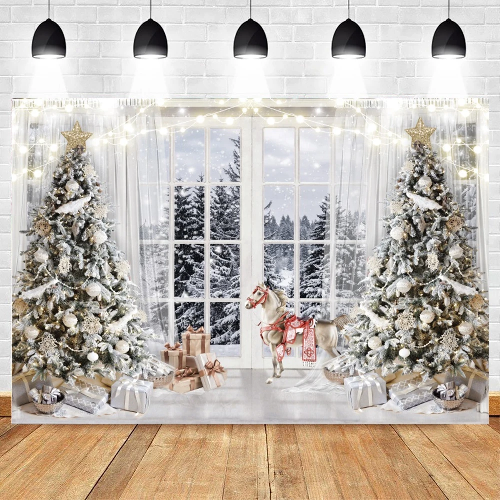 Christmas Photography Backdrop White Brick Fireplace Bear Xmas Tree Backgrounds Children Kids Family Holiday Party Decor Banner